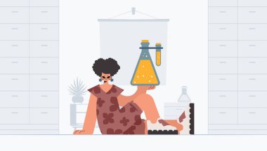 Kimyasal sürahi tutan bitmeyen kadın, öğrenme noktası. Moda tarzı, Vektör İllüstrasyonu