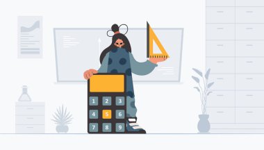 Elinde cetvel ve hesap makinesi olan enerjik bir kadın. Moda tarzı, Vektör İllüstrasyonu