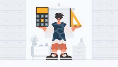 Bireyin elinde bir cetvel ve hesap makinesi var. Moda tarzı, Vektör İllüstrasyonu