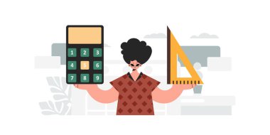 Kişi elinde bir cetvel ve hesap makinesi tutuyor. Moda tarzı, Vektör İllüstrasyonu