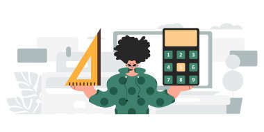 Bireyin elinde bir cetvel ve hesap makinesi var. Moda tarzı, Vektör İllüstrasyonu