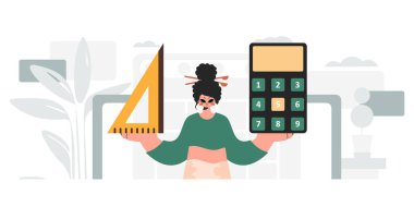 Elinde cetvel ve hesap makinesi olan enerjik bir kadın. Moda tarzı, Vektör İllüstrasyonu