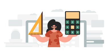 Elinde cetvel ve hesap makinesi olan enerjik bir kadın. Moda tarzı, Vektör İllüstrasyonu