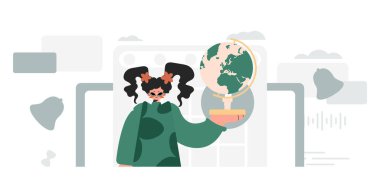 Elinde devasa bir küre tutan enerjik bir kadın, öğrenme konusu. Moda tarzı, Vektör İllüstrasyonu