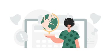 Bireyin elinde devasa bir küre var, öğrenme konusu. Moda tarzı, Vektör İllüstrasyonu