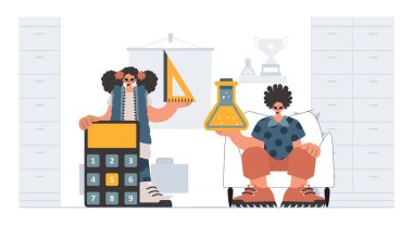 Çalışkan ve enerjik bayan okul dublörleri, okul müfredatını analiz ediyorlar. Moda tarzı, Vektör İllüstrasyonu