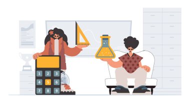 Birinci okul deneklerini analiz eden hevesli bir bayan öğrenci. Moda tarzı, Vektör İllüstrasyonu