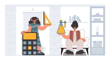 Bireysel ve hevesli kadın okulu dublörleri, okul dersleriyle başlamak için analiz ediyorlar. Moda tarzı, Vektör İllüstrasyonu