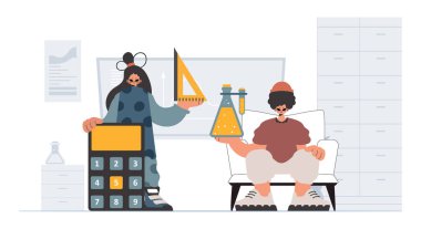 Bireysel ve hevesli kadın okulu dublörleri, okul dersleriyle başlamak için analiz ediyorlar. Moda tarzı, Vektör İllüstrasyonu