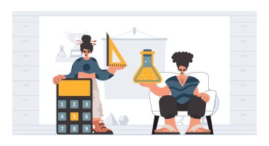 Okul dublörlüğü yapan kişi ve hayat dolu bayan öğrenci, okul konularıyla başlamak için analiz ediyorlar. Moda tarzı, Vektör İllüstrasyonu