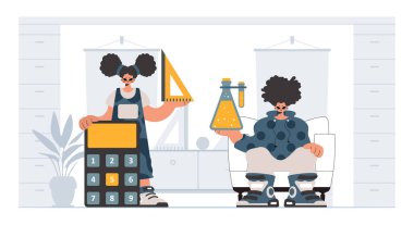 Bireysel ve enerjik kadın okulu dublörleri, okul dersleriyle başlamak için analiz ediyorlar. Moda tarzı, Vektör İllüstrasyonu