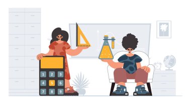 Okul dublörü ve hevesli bayan öğrencileri, okul denekleriyle başlamak için analiz ediyorlar. Moda tarzı, Vektör İllüstrasyonu