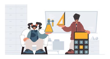 Okul dublörü ve hevesli bayan öğrencileri, okul denekleriyle başlamak için analiz ediyorlar. Moda tarzı, Vektör İllüstrasyonu