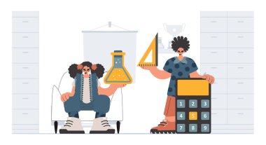 Bireysel ve hevesli kadın okulu dublörleri, okul dersleriyle başlamak için analiz ediyorlar. Moda tarzı, Vektör İllüstrasyonu