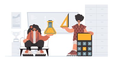 Bireysel ve enerjik kadın okulu dublörleri, okul dersleriyle başlamak için analiz ediyorlar. Moda tarzı, Vektör İllüstrasyonu