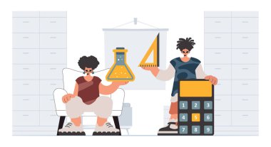 Bireysel ve enerjik kadın okulu dublörleri, okul dersleriyle başlamak için analiz ediyorlar. Moda tarzı, Vektör İllüstrasyonu