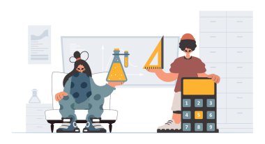 Okul dublörü ve hevesli bayan öğrencileri, okul konularıyla başlamak için analiz ediyorlar. Moda tarzı, Vektör İllüstrasyonu