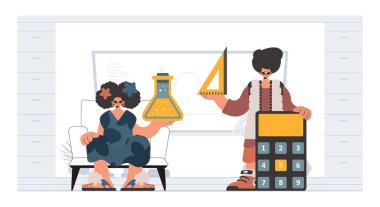 Bireysel ve hevesli kadın okulu dublörleri, okul dersleriyle başlamak için analiz ediyorlar. Moda tarzı, Vektör İllüstrasyonu