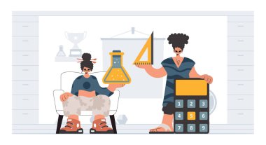 Bireysel ve heyecanlı kadın okulu dublörleri, okul dersleriyle başlamak için analiz ediyorlar. Moda tarzı, Vektör İllüstrasyonu