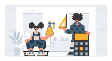 Okul dublörü ve hevesli bayan öğrencileri, okul konularıyla başlamak için analiz ediyorlar. Moda tarzı, Vektör İllüstrasyonu