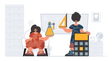 Bireysel ve enerjik kadın okulu dublörleri, okul dersleriyle başlamak için analiz ediyorlar. Moda tarzı, Vektör İllüstrasyonu