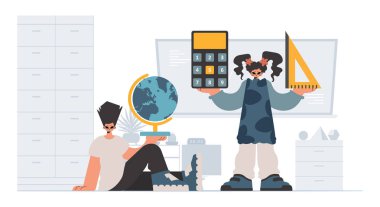 Bireysel ve enerjik kadın okulu dublörleri, okul dersleriyle başlamak için analiz ediyorlar. Moda tarzı, Vektör İllüstrasyonu