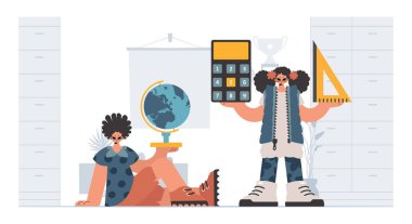 Çalışkan ve enerjik bayan okul dublörleri, okul denekleriyle başlamak için analiz ediyorlar. Moda tarzı, Vektör İllüstrasyonu