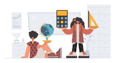 Çalışkan ve enerjik bayan okul dublörleri, okul denekleriyle başlamak için analiz ediyorlar. Moda tarzı, Vektör İllüstrasyonu