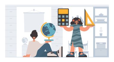 Bireysel ve enerjik kadın okulu dublörleri, okul dersleriyle başlamak için analiz ediyorlar. Moda tarzı, Vektör İllüstrasyonu