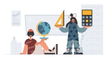 Çalışkan ve enerjik bayan okul dublörleri, okul denekleriyle başlamak için analiz ediyorlar. Moda tarzı, Vektör İllüstrasyonu