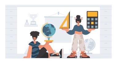 Bireysel ve enerjik kadın okulu dublörleri, okul dersleriyle başlamak için analiz ediyorlar. Moda tarzı, Vektör İllüstrasyonu