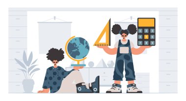 Çalışkan ve enerjik bayan okul dublörleri, okul denekleriyle başlamak için analiz ediyorlar. Moda tarzı, Vektör İllüstrasyonu