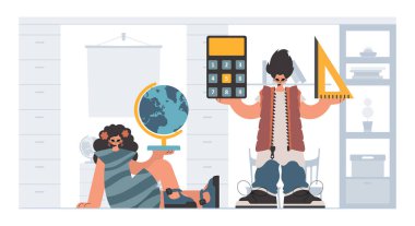 Bireysel ve enerjik kadın okulu dublörleri, okul dersleriyle başlamak için analiz ediyorlar. Moda tarzı, Vektör İllüstrasyonu