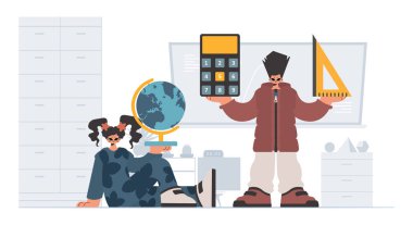 Bireysel ve enerjik kadın okulu dublörleri, okul dersleriyle başlamak için analiz ediyorlar. Moda tarzı, Vektör İllüstrasyonu