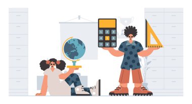 Çalışkan ve enerjik bayan okul dublörleri, okul denekleriyle başlamak için analiz ediyorlar. Moda tarzı, Vektör İllüstrasyonu