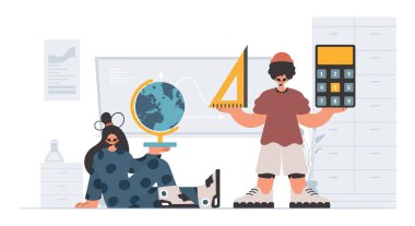 Bireysel ve enerjik kadın okulu dublörleri, okul dersleriyle başlamak için analiz ediyorlar. Moda tarzı, Vektör İllüstrasyonu