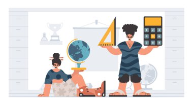 Çalışkan ve enerjik bayan okul dublörleri, okul denekleriyle başlamak için analiz ediyorlar. Moda tarzı, Vektör İllüstrasyonu