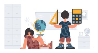 Çalışkan ve enerjik bayan okul dublörleri, okul denekleriyle başlamak için analiz ediyorlar. Moda tarzı, Vektör İllüstrasyonu