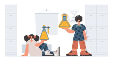 Bireysel ve enerjik kadın okulu dublörleri, okul dersleriyle başlamak için analiz ediyorlar. Moda tarzı, Vektör İllüstrasyonu