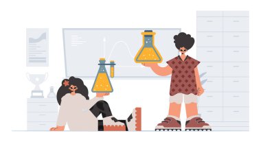 Bireysel ve enerjik kadın okulu dublörleri, okul dersleriyle başlamak için analiz ediyorlar. Moda tarzı, Vektör İllüstrasyonu