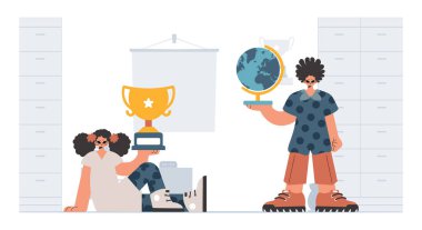 Bireysel ve enerjik kadın okulu dublörleri, okul dersleriyle başlamak için analiz ediyorlar. Moda tarzı, Vektör İllüstrasyonu