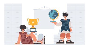 Bireysel ve enerjik kadın okulu dublörleri, okul dersleriyle başlamak için analiz ediyorlar. Moda tarzı, Vektör İllüstrasyonu