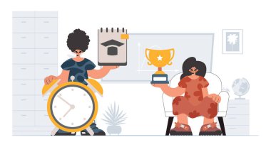 Bireysel ve enerjik kadın okulu dublörleri, okul dersleriyle başlamak için analiz ediyorlar. Moda tarzı, Vektör İllüstrasyonu