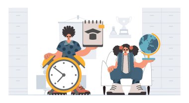 Çalışkan ve enerjik bayan okul dublörleri, okul denekleriyle başlamak için analiz ediyorlar. Moda tarzı, Vektör İllüstrasyonu