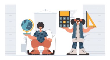 Bireysel ve enerjik kadın okulu dublörleri, okul dersleriyle başlamak için analiz ediyorlar. Moda tarzı, Vektör İllüstrasyonu