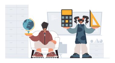 Çalışkan ve enerjik bayan okul dublörleri, okul denekleriyle başlamak için analiz ediyorlar. Moda tarzı, Vektör İllüstrasyonu