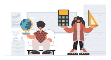 Bireysel ve enerjik kadın okulu dublörleri, okul dersleriyle başlamak için analiz ediyorlar. Moda tarzı, Vektör İllüstrasyonu