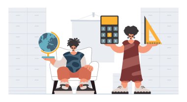 Bireysel ve enerjik kadın okulu dublörleri, okul dersleriyle başlamak için analiz ediyorlar. Moda tarzı, Vektör İllüstrasyonu