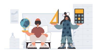 Çalışkan ve enerjik bayan okul dublörleri, okul denekleriyle başlamak için analiz ediyorlar. Moda tarzı, Vektör İllüstrasyonu