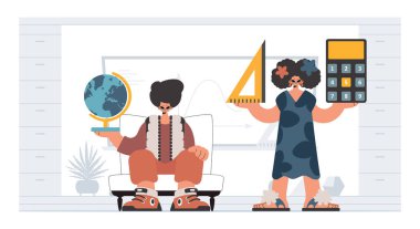 Bireysel ve enerjik kadın okulu dublörleri, okul dersleriyle başlamak için analiz ediyorlar. Moda tarzı, Vektör İllüstrasyonu